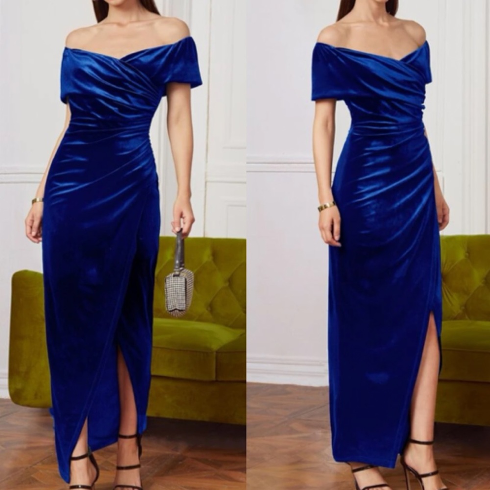 Luxurious off shoulder wrap evening formal party wedding prom velvet maxi dress